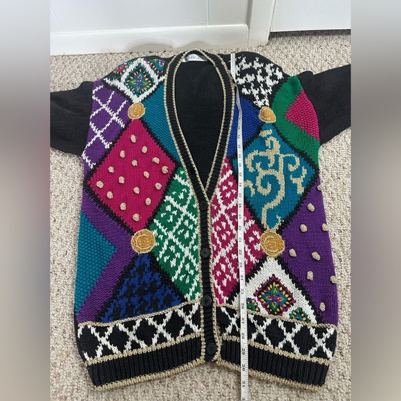 Chaus Black and Purple Cardigan Sweater with Geometric Design - Picture 5 of 7